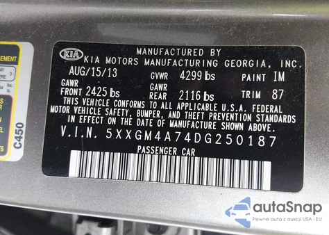 2013 Kia Optima Lx z USA, uszkodzony, nr VIN 5XXGM4A74DG250187